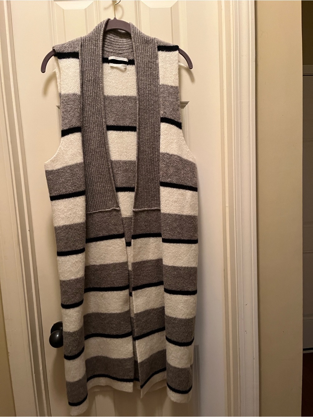 ANTHROPOLOGIE Longline Sleeveless Cardigan in Cream, Gray and Black Stripe